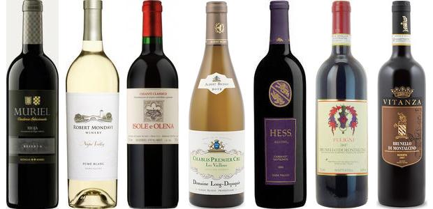 From left to right: Muriel Reserva Vendimia Seleccionada 2008, Robert Mondavi Fumé Blanc 2013, Isole E Olena Chianti Classico 2011, Domaine Long Depaquit Chablis 1er Cru Les Vaillons 2012, Hess Allomi Vineyard Cabernet Sauvignon 2012, Fuligni Brunello Di Montalcino 2008 and Vitanza Riserva Brunello Di Montalcino 2007