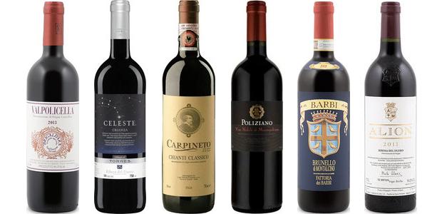 From left to right: Brigaldara Valpolicella 2013, Torres Celeste Crianza 2011, Carpineto Chianti Classico 2012, Poliziano Vino Nobile Di Montepulciano 2011, Fattoria Dei Barbi Brunello Di Montalcino 2009 and Alión 2011