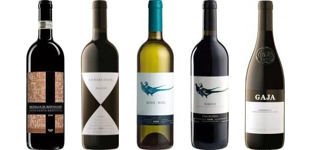 From left to right: Gaja Pieve Santa Restituta Brunello Di Montalcino 2009, Gaja Ca'marcanda Magari 2012, Gaja Rossj Bass 2013, Gaja Dagromis Barolo 2009 and Gaja Barbaresco 2010