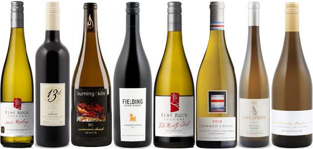 Flat Rock Riesling 2014, 13th Street Merlot 2013, Burning Kiln Chardonnay Cureman's Chard 2011, Fielding Cabernet/Syrah 2012, Flat Rock Chardonnay The Rusty Shed 2012, Closson Chase Chardonnay Closson Chase Vineyard 2013, Cave Spring Csv Riesling 2012, Norman Hardie Niagara Unfiltered Chardonnay 2013