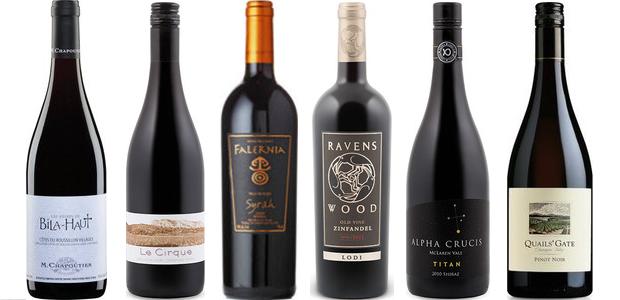 From left to right: M. Chapoutier Les Vignes De Bila Haut Côtes Du Roussillon Villages 2013, Le Cirque Carignan/Mourvèdre/Syrah 2013, Falernia Reserva Syrah 2010, Ravenswood Old Vine Zinfandel 2012, Alpha Crucis Titan Shiraz 2012 and Quail's Gate Pinot Noir 2013