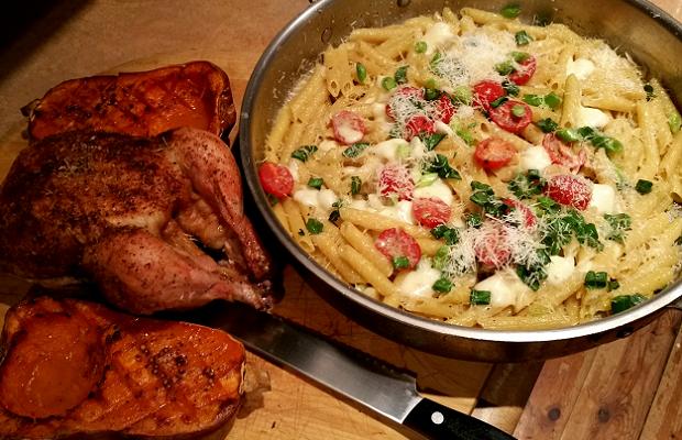 Slightly Barque dry-rubbed Roast Chicken, scored butternut squash with butter, agave and backyard coriander seed and penne with grape tomato, padano and scallion