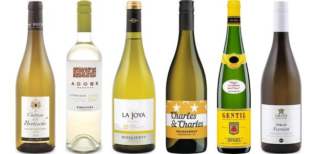 From left to right: Château De La Bretesche Muscadet Sèvre Et Maine Sur Lie 2013, Emiliana Adobe Reserva Sauvignon Blanc 2014, La Joya Viognier Reserve 2014, Charles &amp; Charles Chardonnay 2013, Hugel Gentil 2013 and Tokaj Kereskedoház Grand Selection Semi Dry Tokaji Furmint 2012