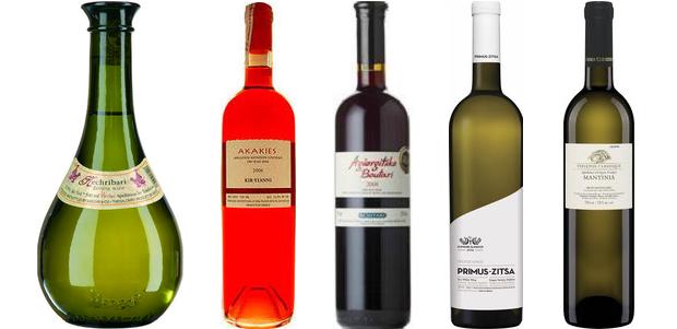From left to right: Kechri Kechribari Retsina, Kir Yianni Akakies Rosé 2013, Boutari Agiorgitiko 2013, Domaine Glinavos Primus Zitsa 2013 and Tselepos Classique Mantinia Moschofilero 2013