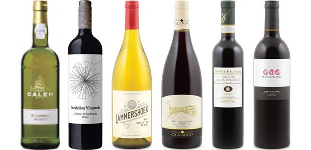 From left to right: Cálem Lágrima White Port, Dandelion Vineyards Lionheart Of The Barossa Shiraz 2012, Lammershoek Roulette Blanc 2011, Calcagno Feudo Di Mezzo Nerello Mascalese 2011, Monte Faustino Recioto Della Valpolicella Classico 2008 and World's End If Six Was Nine Reserve Cabernet Sauvignon 2010