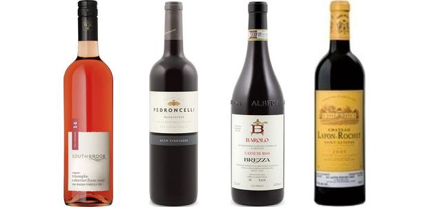From left to right: Southbrook Vineyards Triomphe Cabernet Franc Rosé 2014, Pedroncelli Alto Vineyards Sangiovese 2012, Brezza Cannubi Barolo 2010 and Château Lafon Rochet 2004