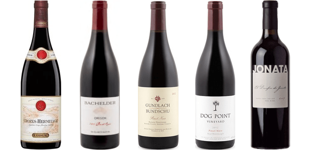 From left to right: E. Guigal Crozes Hermitage 2011, Bachelder Wines Pinot Noir Oregon 2012, Gundlach Bundschu Estate Pinot Noir 2012, Dog Point Pinot Noir 2012 and Jonata Tierra 2008