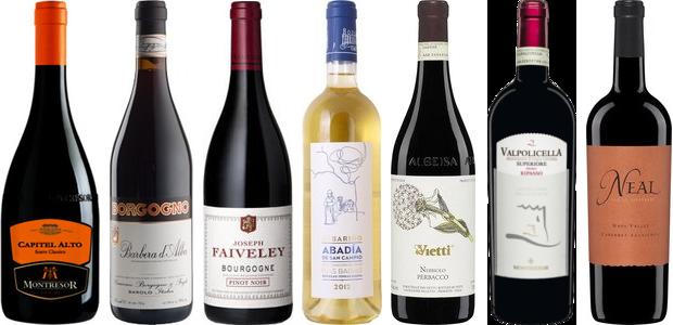 From left to right: Montresor Capitel Alto 2013, Giacomo Borgogno &amp; Figli Barbera D'alba 2013, Joseph Faiveley Bourgogne 2012, Vietti Perbacco Langhe Nebbiolo 2012, Terras Gauda Abadia San Campio Albariño Rias Baixas, Montresor Castelliere Delle Guaite Primo Ripasso 2011 and 2014 Neal Cabernet Sauvignon 2009
