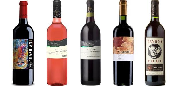 From left to right: Guardian Reserva Red 2012, Château Des Charmes Cuvée D'andrée Rosé Estate Bottled 2014, Château Des Charmes Cabernet Sauvignon Estate Bottled 2012, Bodegas Castaño Solanera Viñas Viejas 2012 and Ravenswood Vintners Blend Zinfandel 2013