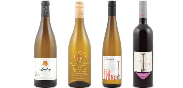 From left to right: Lailey Unoaked Chardonnay 2013, Peninsula Ridge Beal Vineyards Inox Reserve Chardonnay 2013, Redstone Limestone Vineyard South Riesling 2012 and Redstone Cabernet 2012