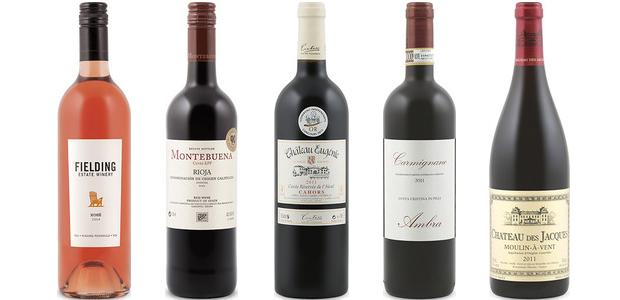 From left to right: Fielding Estate Rosé 2014, Montebuena Cuvée K P F 2012, Château Eugénie Cuvée Réservée De L'aïeul Cahors 2011, Ambra Santa Cristina In Pilli Carmignano 2011 and Louis Jadot Château Des Jacques Moulin à Vent 2011