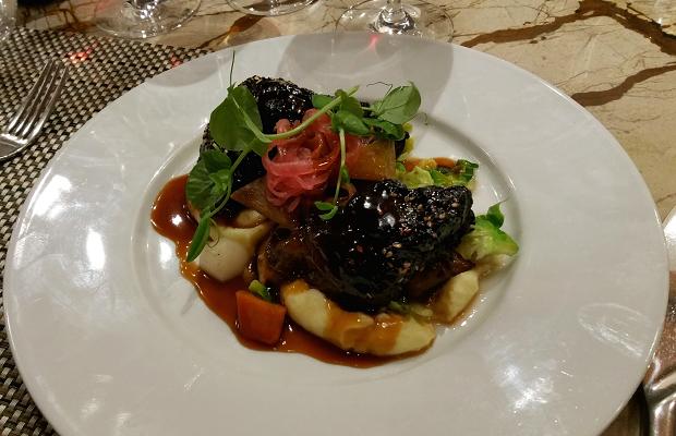 Hoison Glazed “VG’s” Beef Short Ribs, potato purée, pickled red onion, summer vegetables