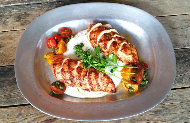 Grilled chicken, tztatziki, cherry tomato, caper, basil