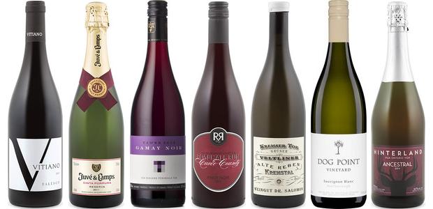 From left to right: Falesco Vitiano 2013, Juvé Y Camps Cinta Purpura Reserva Brut Cava 2011, Rosehall Run Cuvée County Pinot Noir 2011, Tawse Gamay Noir 2013, Salomon Undhof Kremser Tor Alte Reben Reserve Grüner Veltliner 2013, Dog Point Sauvignon Blanc 2014 and Hinterland Ancestral Sparkling 2014