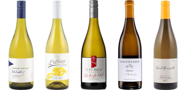 From left to right: Robert Oatley Signature Series Chardonnay 2013, Westcott Vineyards Lillias Unoaked Chardonnay 2013, Flat Rock The Rusty Shed Chardonnay 2012, Bachelder Oregon Chardonnay 2012 and Pearl Morissette Cuvée Dix Neuvieme Chardonnay 2012