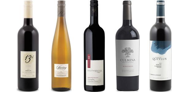 From left to right: 13th Street Merlot 2012, Southbrook Triomphe Cabernet Franc 2013, Sperling Vineyards Gewurztraminer 2013, Culmina Hypothesis 2012 and Queylus Reserve Du Domaine Merlot Cabernet Franc 2010