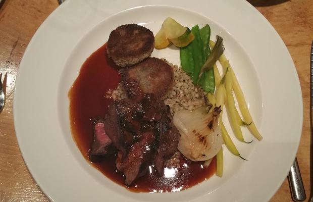Le Caveau's Beef Two Ways, grilled AAA hanger steak, beef shank galette, seasonal vegetables, barley
