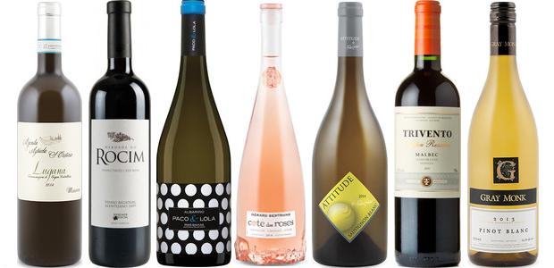 From left to right: Trivento Golden Reserve Malbec 2012, Pascal Jolivet Attitude Sauvignon Blanc 2014, Gérard Bertrand Côte Des Roses Rosé 2014, Paco & Lola Albariño 2013, Herdade Do Rocim Red 2011,S. Cristina Massoni Lugana 2014 and Gray Monk Pinot Blanc 2013