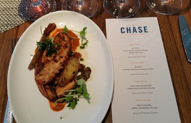 The Chase Octopus, harissa, spiced merguez sausage, sauteed red onions