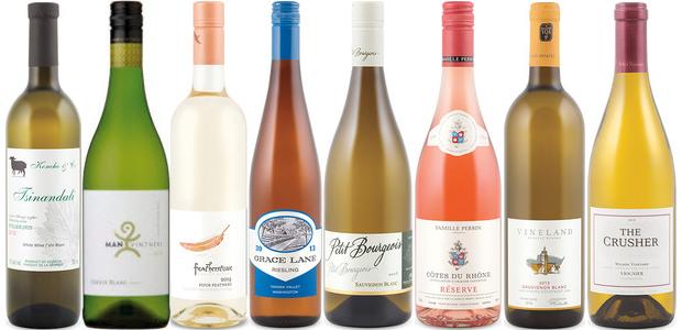 From left to right: Koncho and Co. Tsinandali 2012, Man Vintners Free Run Steen Chenin Blanc 2014, Featherstone Four Feathers 2014, Grace Lane Riesling 2013, Henri Bourgeois Petit Bourgeois Sauvignon Blanc 2014, Perrin Réserve Rosé 2014, Vineland Sauvignon Blanc 2013 and The Crusher Viognier 2013
