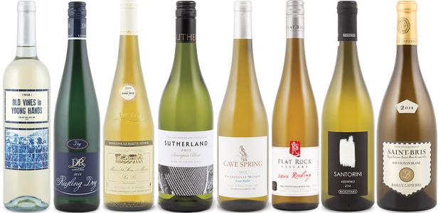 From left to right: Old Vines In Young Hands White 201, Dr. L Dry Riesling 2014, Domaine La Haute Févrie Sur Lie Muscadet Sèvre &amp; Maine 2014, Thelema Sutherland Sauvignon Blanc 2013, Cave Spring Estate Bottled Chardonnay Musqué 2013, Flat Rock Riesling 2014, Boutari Santorini Assyrtiko 2014 and Bailly Lapierre Saint Bris Sauvignon Blanc 2014