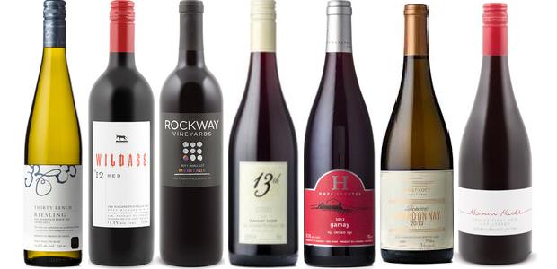 From left to right: Thirty Bench Riesling 2013, Stratus Vineyards Wildass Red 2012, Rockway Estate Small Lot Meritage 2012, Huff Estate Gamay 2012, 13th Street Gamay Noir 2013, Westcott Vineyards Estate Chardonnay 2013 and Norman Hardie County Unfiltered Pinot Noir 2013