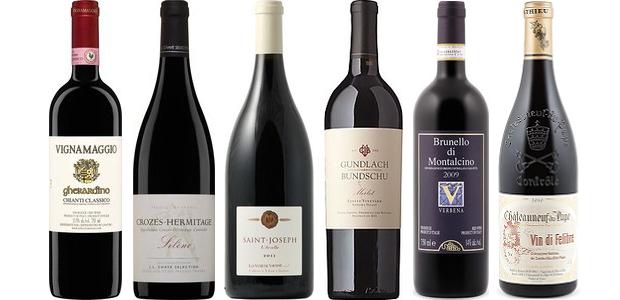 From left to right: Vignamaggio Gherardino Chianti Classico 2012, J.L. Chave Crozes Hermitage Rouge Silène 2013, Les Vins De Vienne L'arzelle Saint Joseph 2011, Gundlach Bundschu Merlot 2011, Verbena Brunello Di Montalcino 2009 and Domaine Mathieu Vin Di Felibre Châteauneuf Du Pape 2010