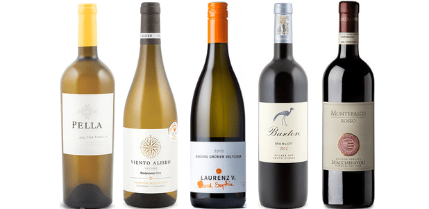 From left to right: Pella The Vanilla Chenin Blanc 2013, Dominio De Punctum Viento Aliseo Viognier 2014, Laurenz Und Sophie Singing Grüner Veltliner 2013, Barton Merlot 2012 and Scacciadiavoli Montefalco Rosso 2011