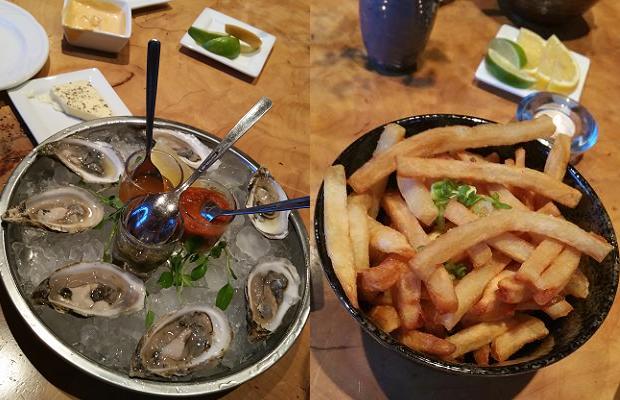 Oysters and Double Duck Fries at Le Caveau Restaurant, Domaine De Grand Pré Vineyards
