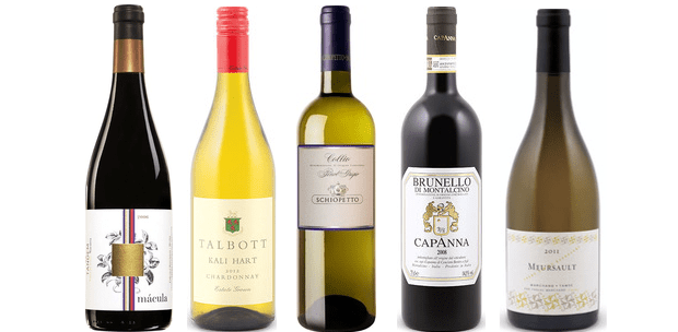 From left to right: Tandem Macula 2006, Talbott Kali Hart Chardonnay 2013, Schiopetto Pinot Grigio 2013, Capanna Brunello Di Montalcino 2009 and Paschal Marchand Meursault 2012