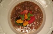 Beef shank, romano bean and lentil soup, tomato, basil, nasturtium