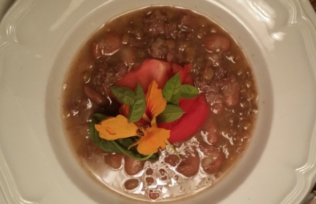 Beef shank, romano bean and lentil soup, tomato, basil, nasturtium