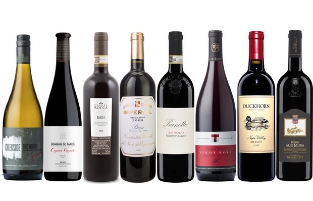 From left to right: Creekside Estate Reserve Viognier Queenston Road Vineyard 2013, Dominio De Tares Cepas Viejas Mencia 2011, Tenuta Rocca Barolo 2010, Cvne Imperial Reserva 2009, Prunotto Barolo 2010, Tawse Pinot Noir Lauritzen Vineyard 2012, Duckhorn Merlot 2012 and Banfi Poggio Alle Mura Brunello Di Montalcino 2010
