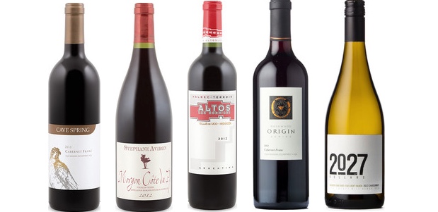 From left to right: Cave Spring Cabernet Franc 2013, Stephane Aviron Vieilles Vignes Morgon Côte Du Py 2012, Altos Las Hormigas Terroir Malbec 2012, Rosewood Origin Cabernet Franc 2013 and 2027 Cellars Wismer Vineyard Fox Croft Block Chardonnay 2012