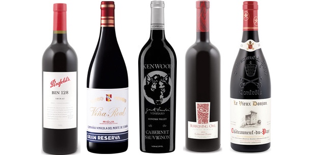 From left to right: Penfolds Bin 128 Shiraz 2013, Vina Real Gran Reserva 2008, Kenwood Jack London Vineyard Cabernet Sauvignon 2012, Burrowing Owl Cabernet Franc 2013 and Le Vieux Donjon Châteauneuf Du Pape 2013