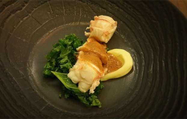Lemon butter poached crayfish tail, kale, parsnip puree and bisque, Open Door, Constantia