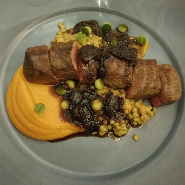 Springbok loin, orange sweet potato, lentils, pickled cucumber, cranberry jus, Open Door, Constantia - @OpenDoorSA