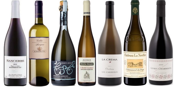 From left to right: Roger &amp; Didier Raimbault Sancerre Rouge 2013, Schiopetto Sauvignon 2013, Thirty Bench Sparkling Riesling, Emile Beyer L'hostellerie Gewürztraminer 2012, La Crema Chardonnay 2014, Château La Nerthe Châteauneuf Du Pape Blanc 2014 and Pascal Marchand Gevrey Chambertin 2013